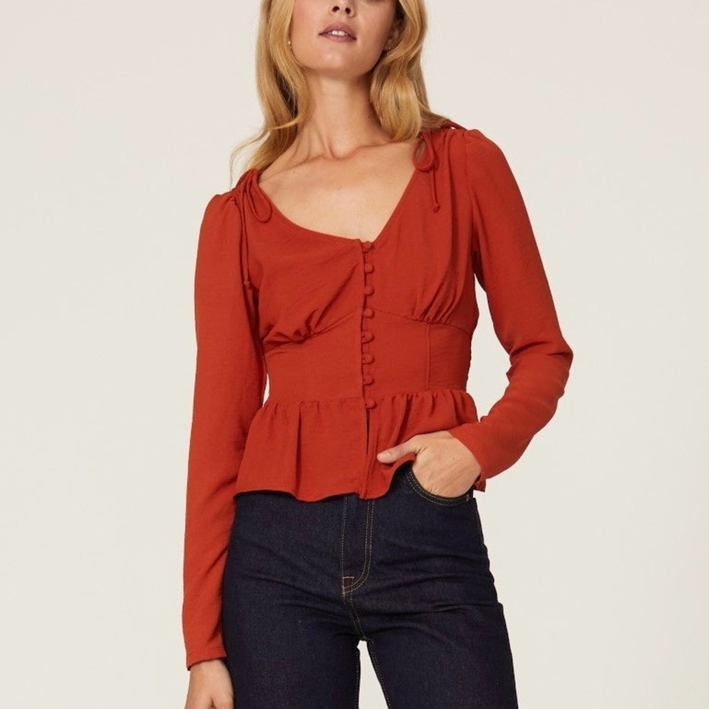 Louna Burnt Orange Button Front‎ Peplum Top Size Small